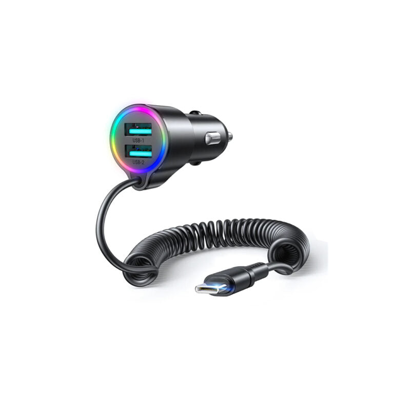 JR-CL25 3.4A 3-in-1 Car Charger with Coiled Lightning Cable Black