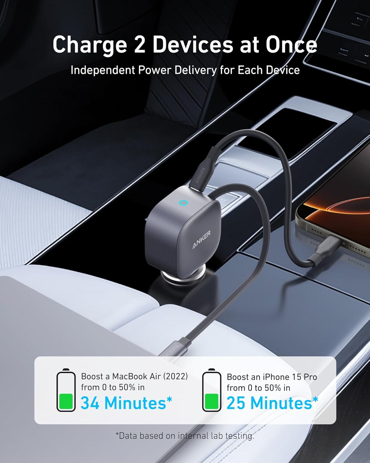 Anker Nano Car Charger (75W, USB-C Port, Built-In Retractable USB-C Cable)