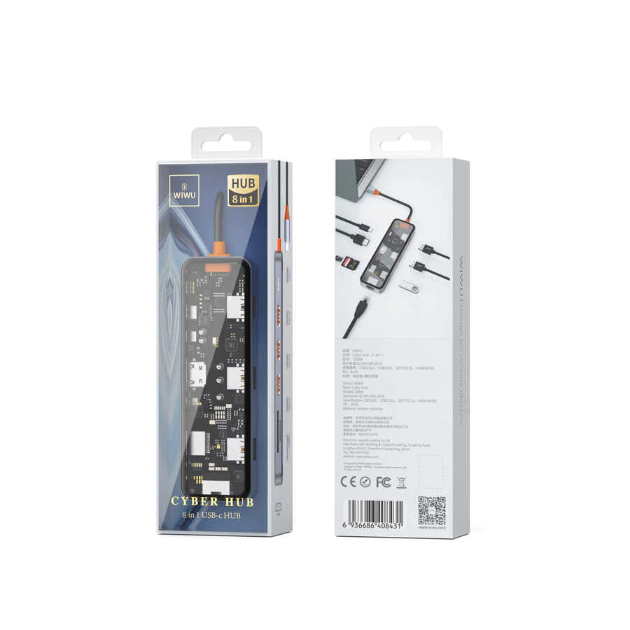 Wiwu Cyber 8 in 1 Type-C Hub 100W Charging Support Transparent Appearance SD Card-RJ45-Hdmi-Usb Duplicator