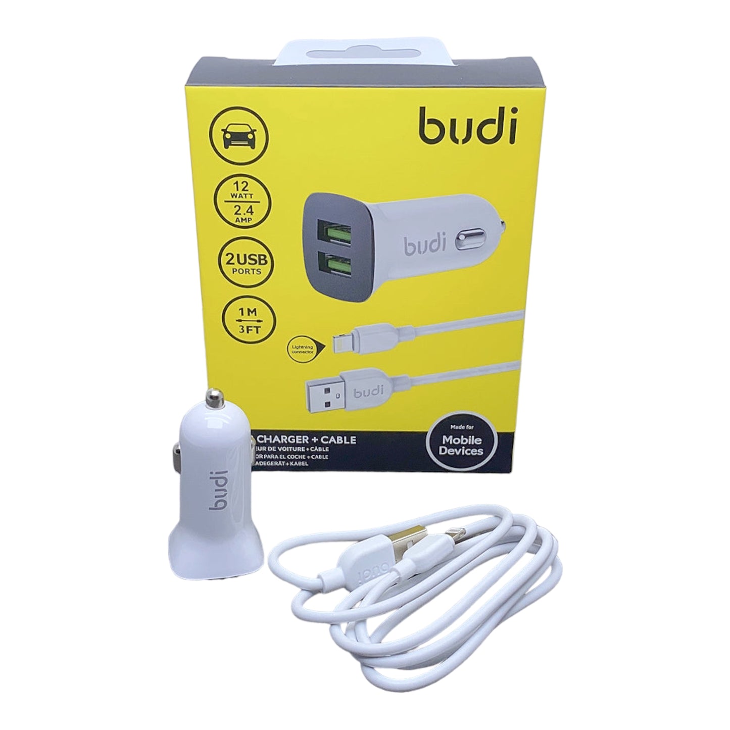 Budi car charger + cable (631)شاحن سيارة مدخل ايفون