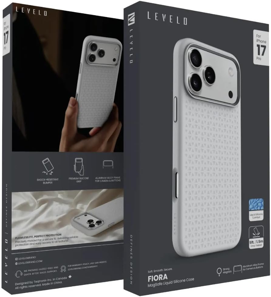 LEVELO Fiora iPhone 17 Pro Max Case, Liquid Silicone with Pattern, Compatible with MagSafe, Premium Silicone Grip, Shock-Resistant Bumper, Aluminum Alloy Frame Protection - Silver