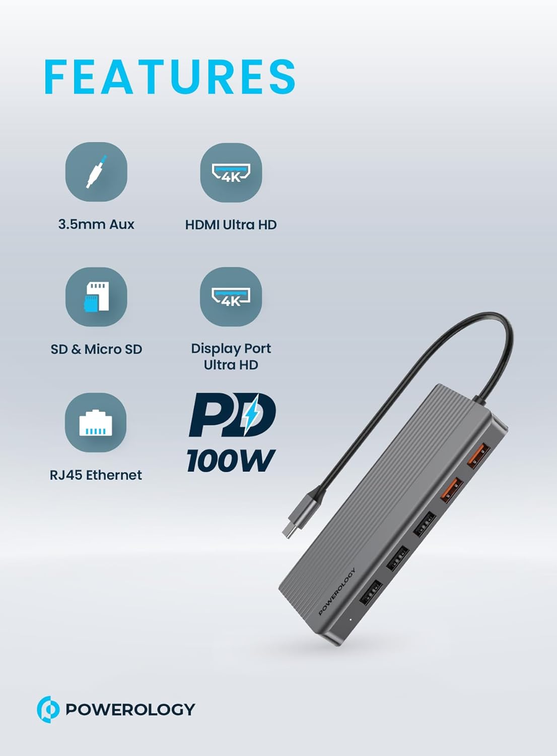 Powerology 12in1 USB-C Hub HDMI Type-C 100W PD