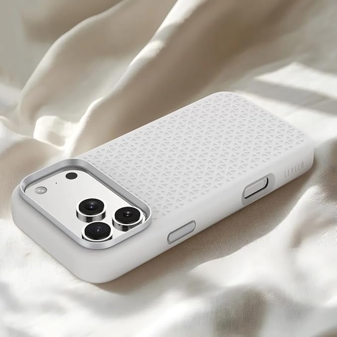 LEVELO Fiora iPhone 17 Pro Max Case, Liquid Silicone with Pattern, Compatible with MagSafe, Premium Silicone Grip, Shock-Resistant Bumper, Aluminum Alloy Frame Protection - Silver