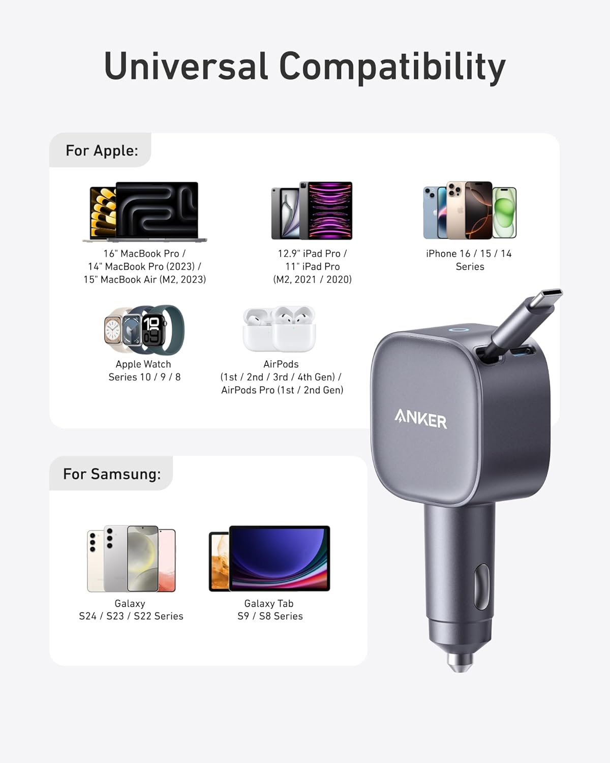 Anker Nano Car Charger (75W, USB-C Port, Built-In Retractable USB-C Cable)