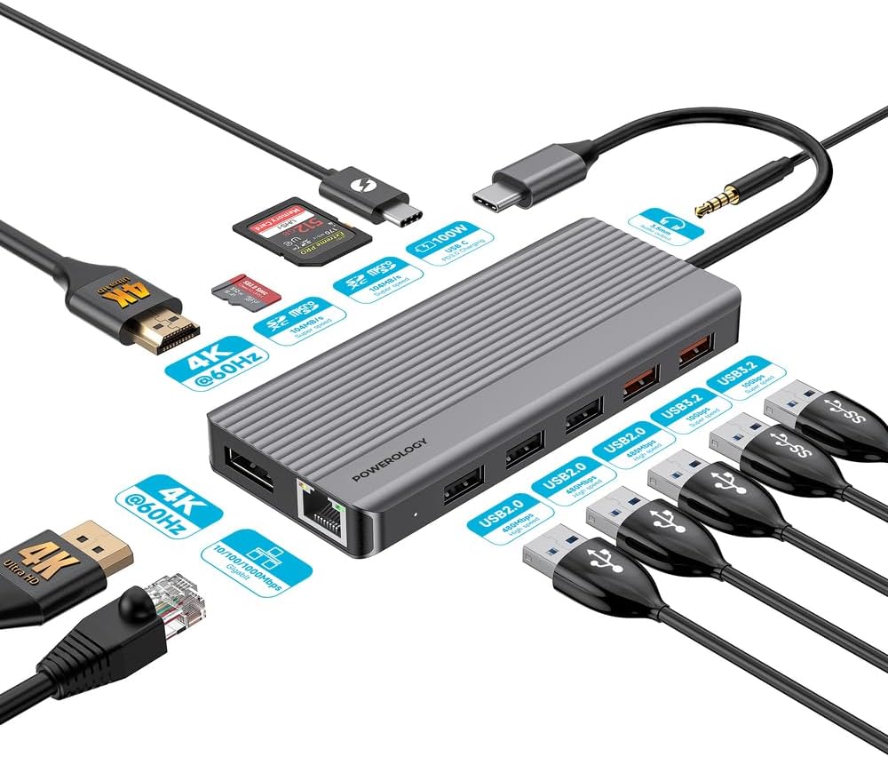Powerology 12in1 USB-C Hub HDMI Type-C 100W PD