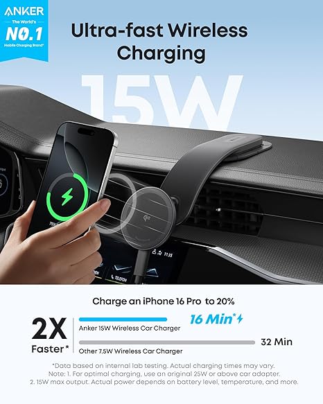 Anker Nano Magnetic Wireless Car Charger, 15W Qi2 Certified  (Adapter Included)