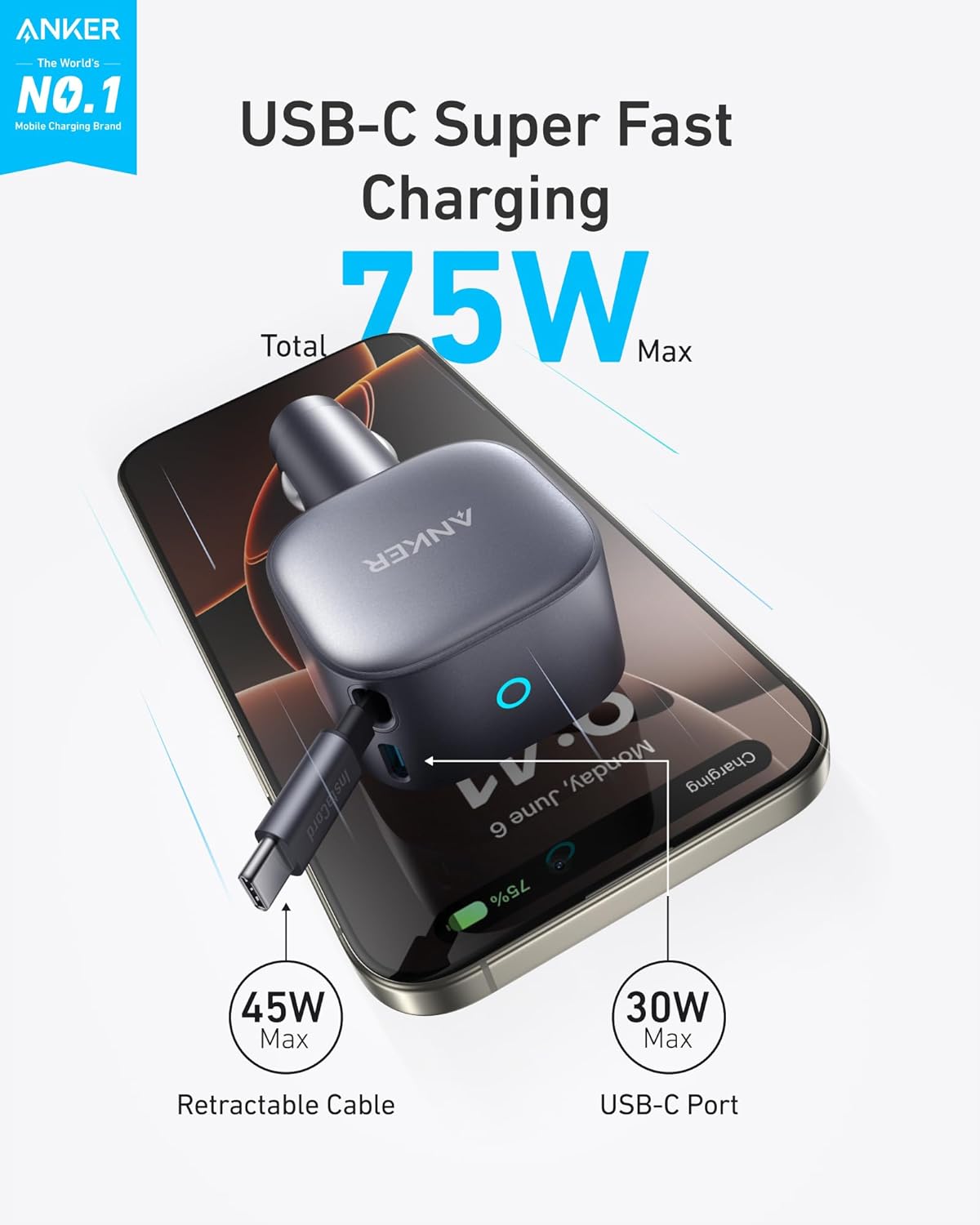 Anker Nano Car Charger (75W, USB-C Port, Built-In Retractable USB-C Cable)