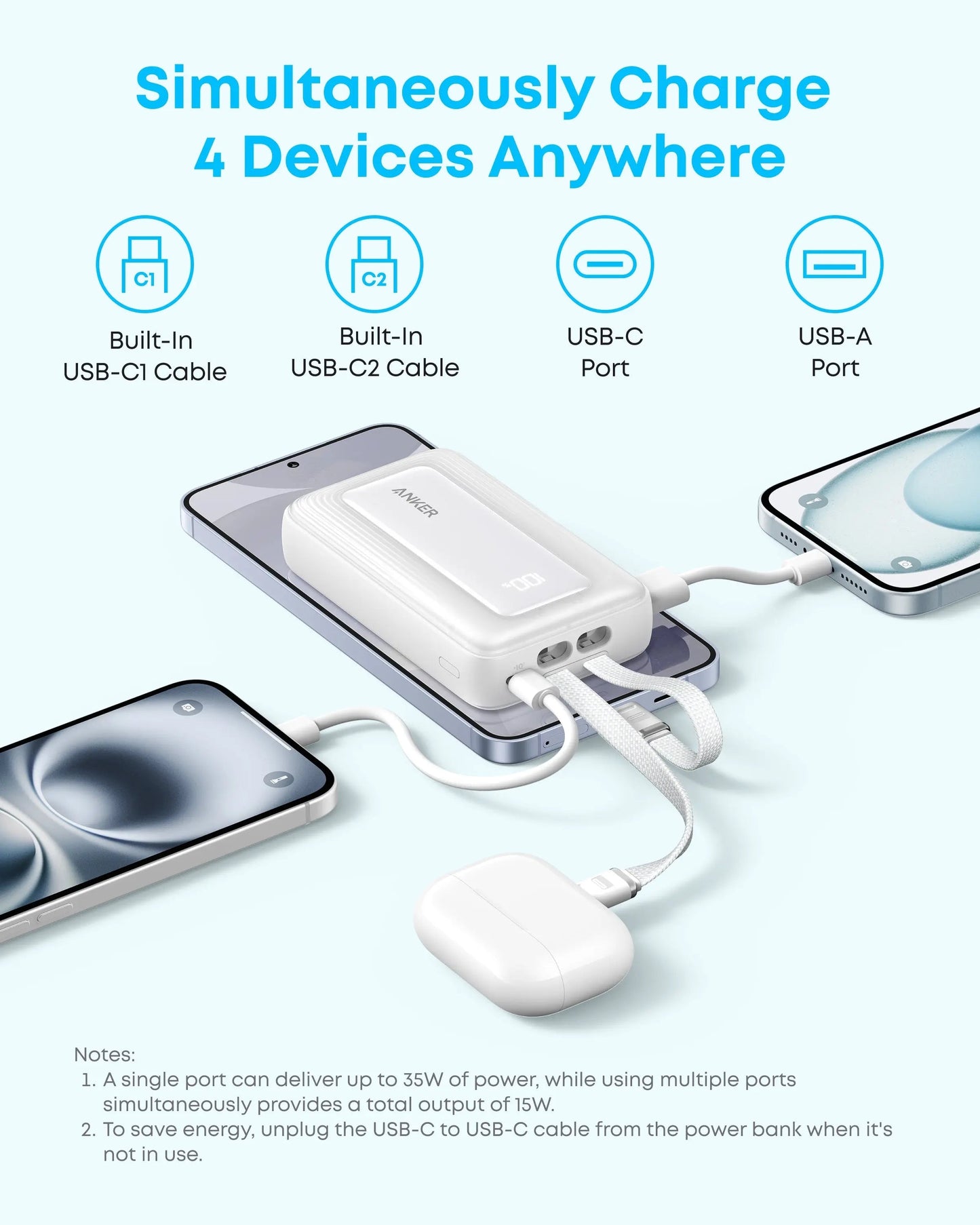 Anker Zolo Power Bank (10K, 35W, Built-In Dual USB-C Cables