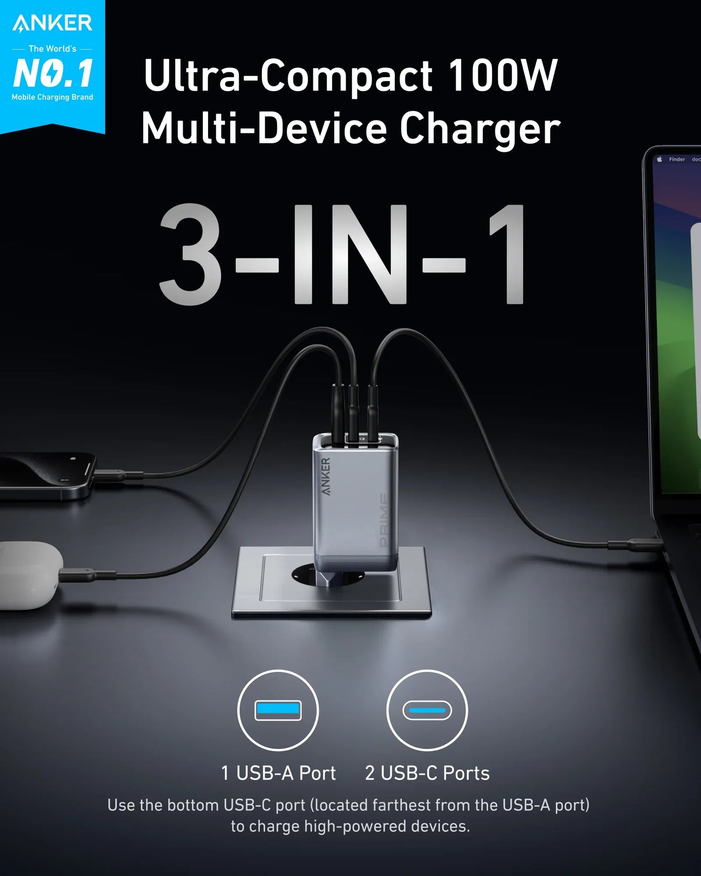 Anker Prime Charger (100W, 3 Ports, GaN)