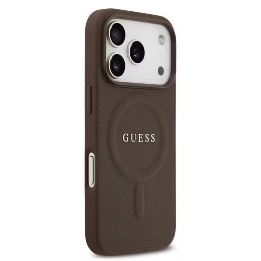 Guess MagSafe PU Saffiano Leather Case with Classic Logo for iPhone 17 Pro Max, Drop Protection, Lightweight Design, Comfortable Grip, Easy Snap-On, Sustainable Packaging, Slim Profile - Brown