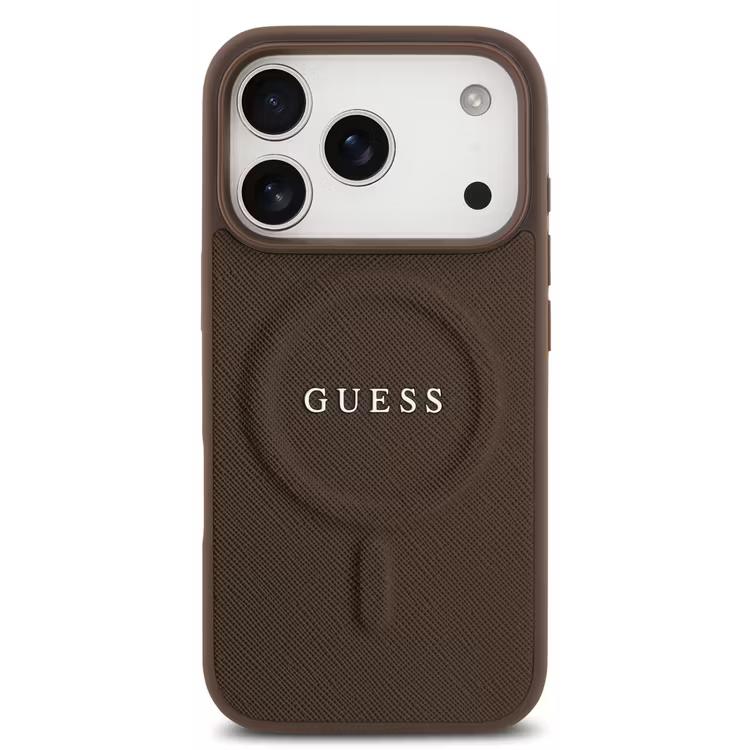 Guess MagSafe PU Saffiano Leather Case with Classic Logo for iPhone 17 Pro Max, Drop Protection, Lightweight Design, Comfortable Grip, Easy Snap-On, Sustainable Packaging, Slim Profile - Brown