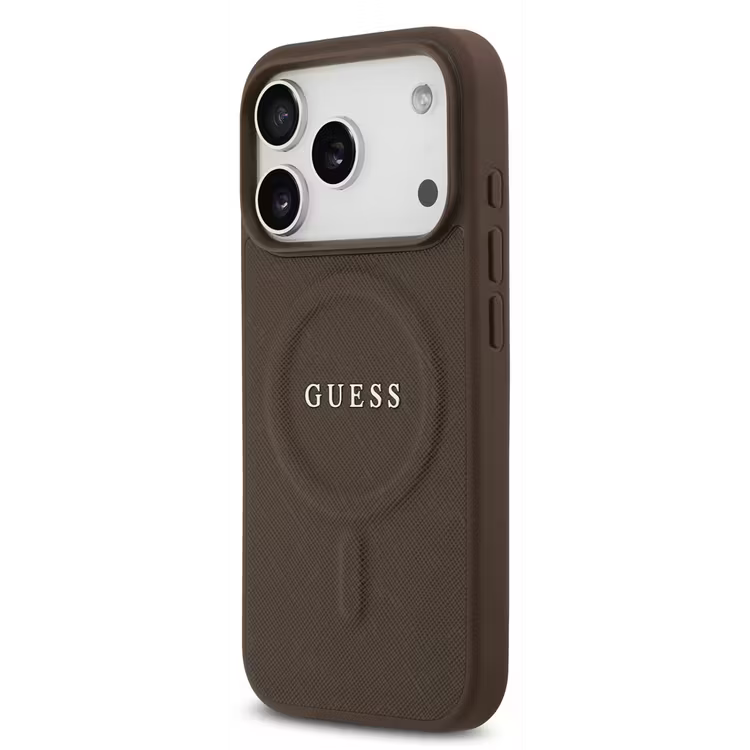 Guess MagSafe PU Saffiano Leather Case with Classic Logo for iPhone 17 Pro Max, Drop Protection, Lightweight Design, Comfortable Grip, Easy Snap-On, Sustainable Packaging, Slim Profile - Brown