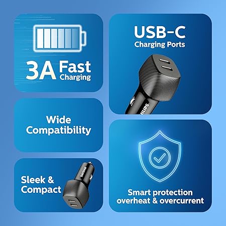 Philips 60W Dual Port USB-C Car Charger,20V Universal Car Charger, Black