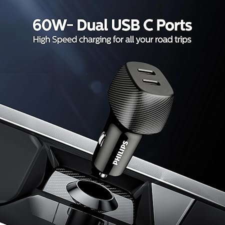Philips 60W Dual Port USB-C Car Charger,20V Universal Car Charger, without cable