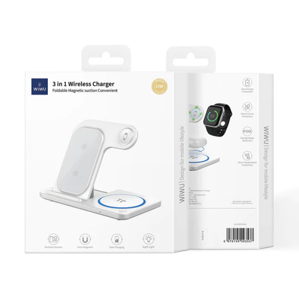 شاحن لاسلكي WIWU WI-W020 قابل للطي بقوة 15 وات 3 في 1 - أبيض