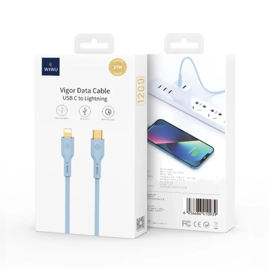 سلك فيغور للشحن السريع Wi-C018 من ويوو, من تايب سي الى لايتننج و من USB C الى لايتننج بقوة 30 واط لون ازرق