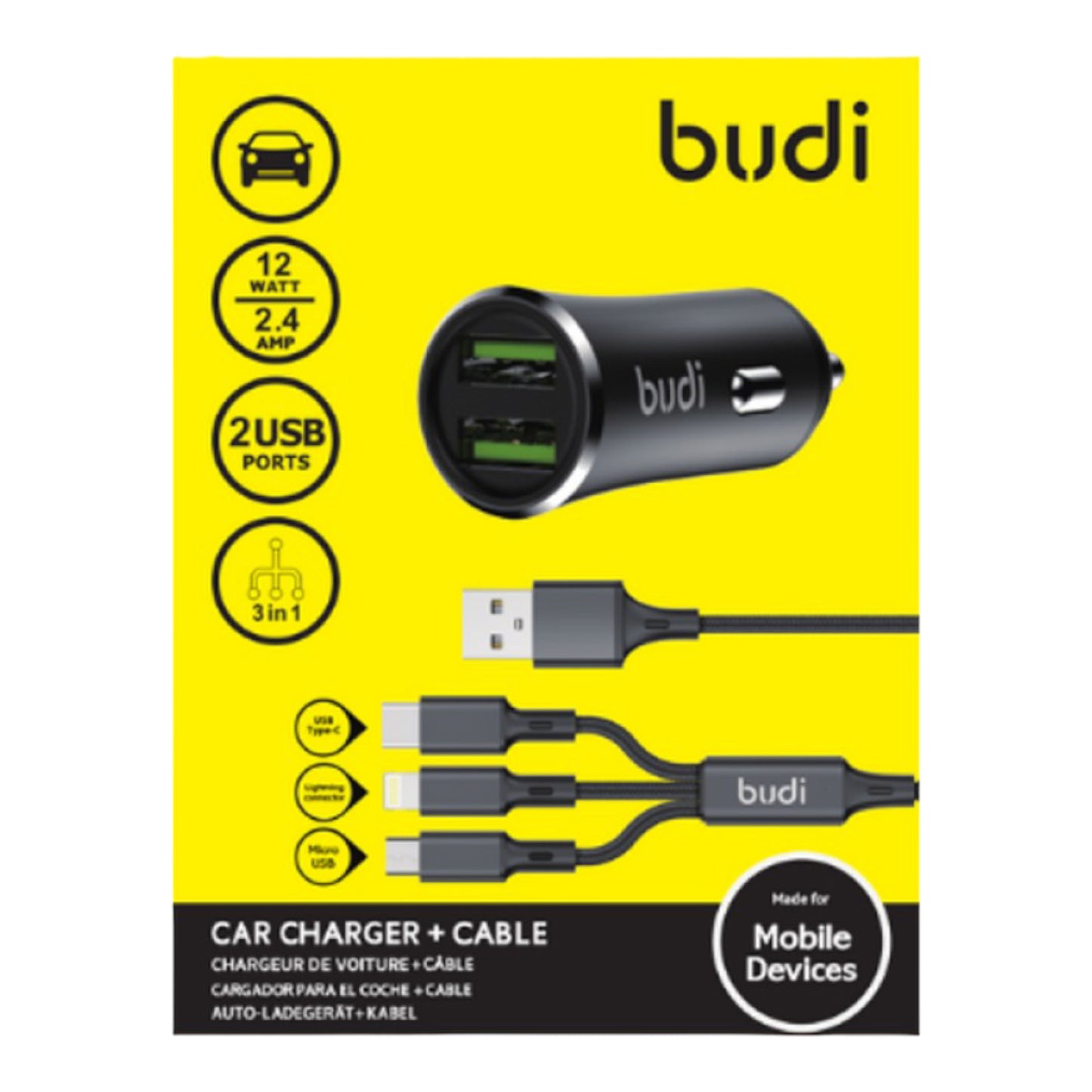 Budi car charger + cable (627t3) شاحن سيارة جميع المداخل